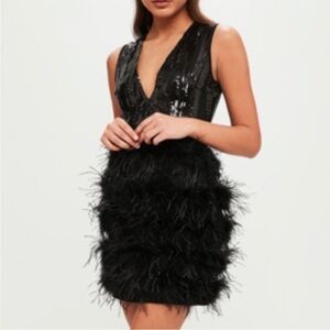NEW L’Atiste Black Sequin & Feather Mini Evening Party Dress